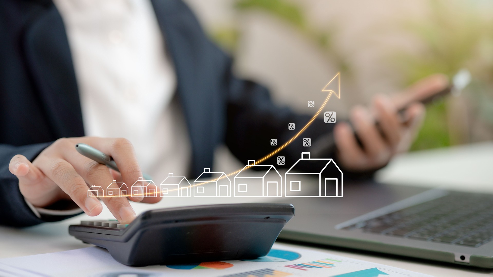 Real estate is online on virtual screens. home search, land price, real estate market. Real estate investment goals include buying a house, location, real estate market growth, and investment trends.